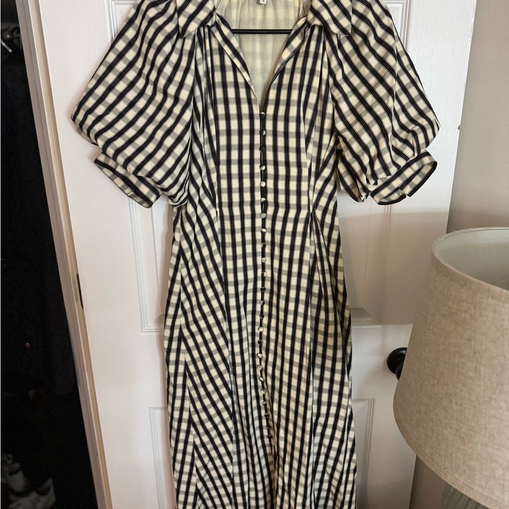 English Factory Black and White Puff Sleeve A-Line Dress